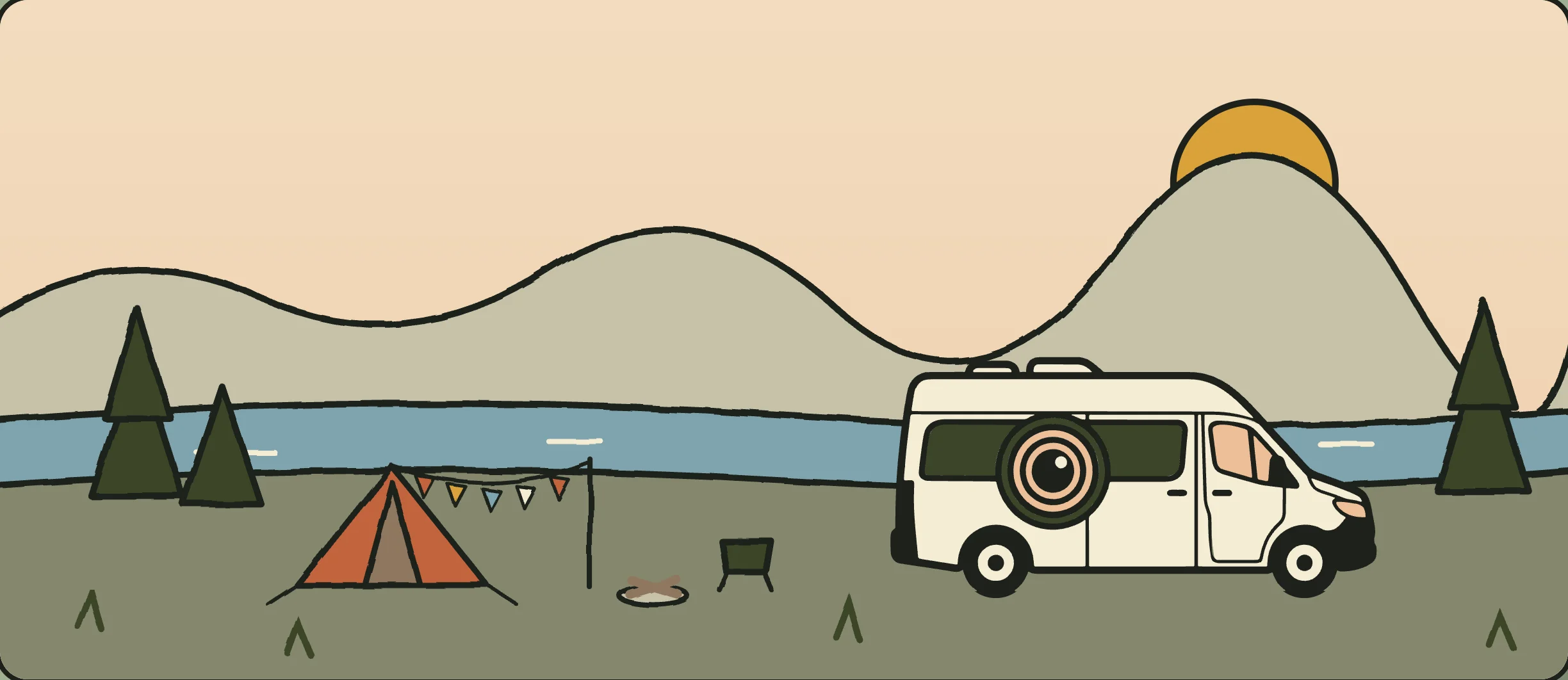 Drawing of a campsite with a tent, campfire, lake and the Van Jarno van