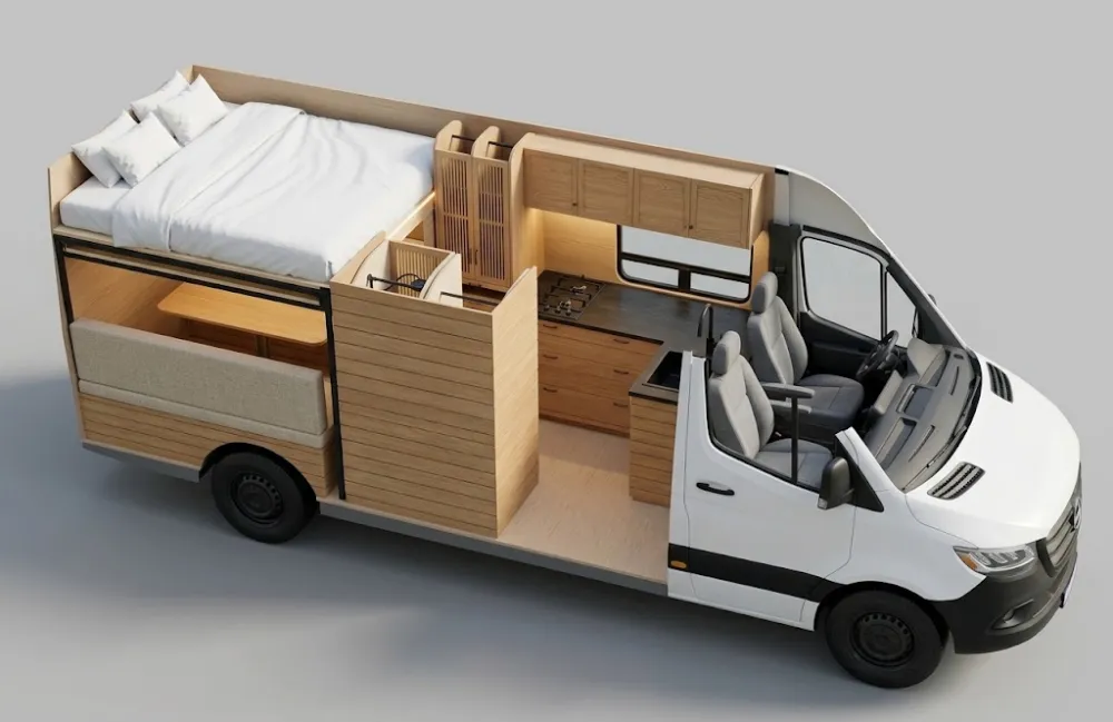Ontwerp: doorsnede met hefbed, keuken en cabine