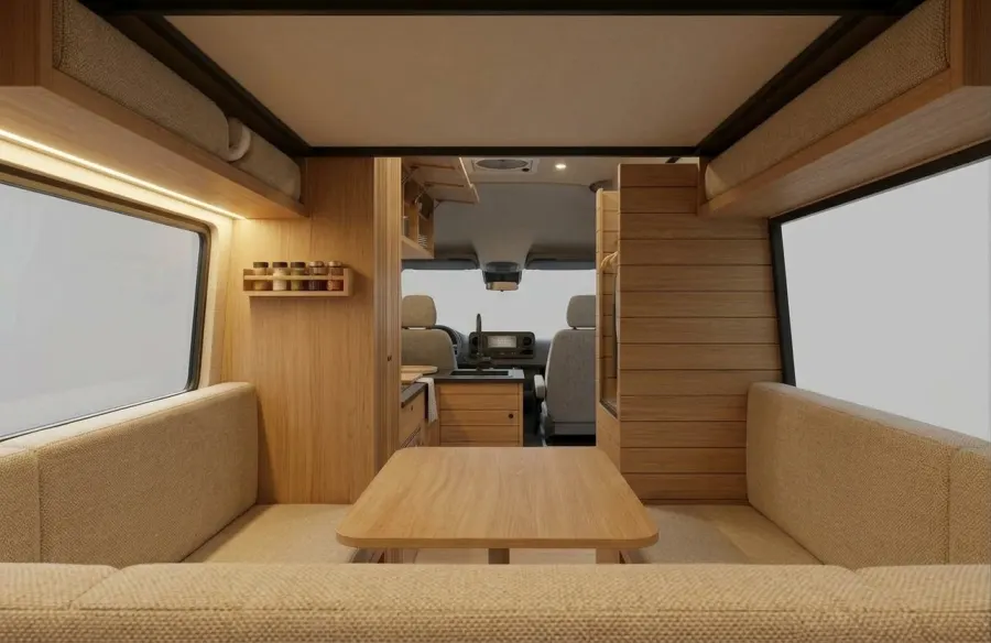 Ontwerp, de zithoek met tafel onder het hefbed